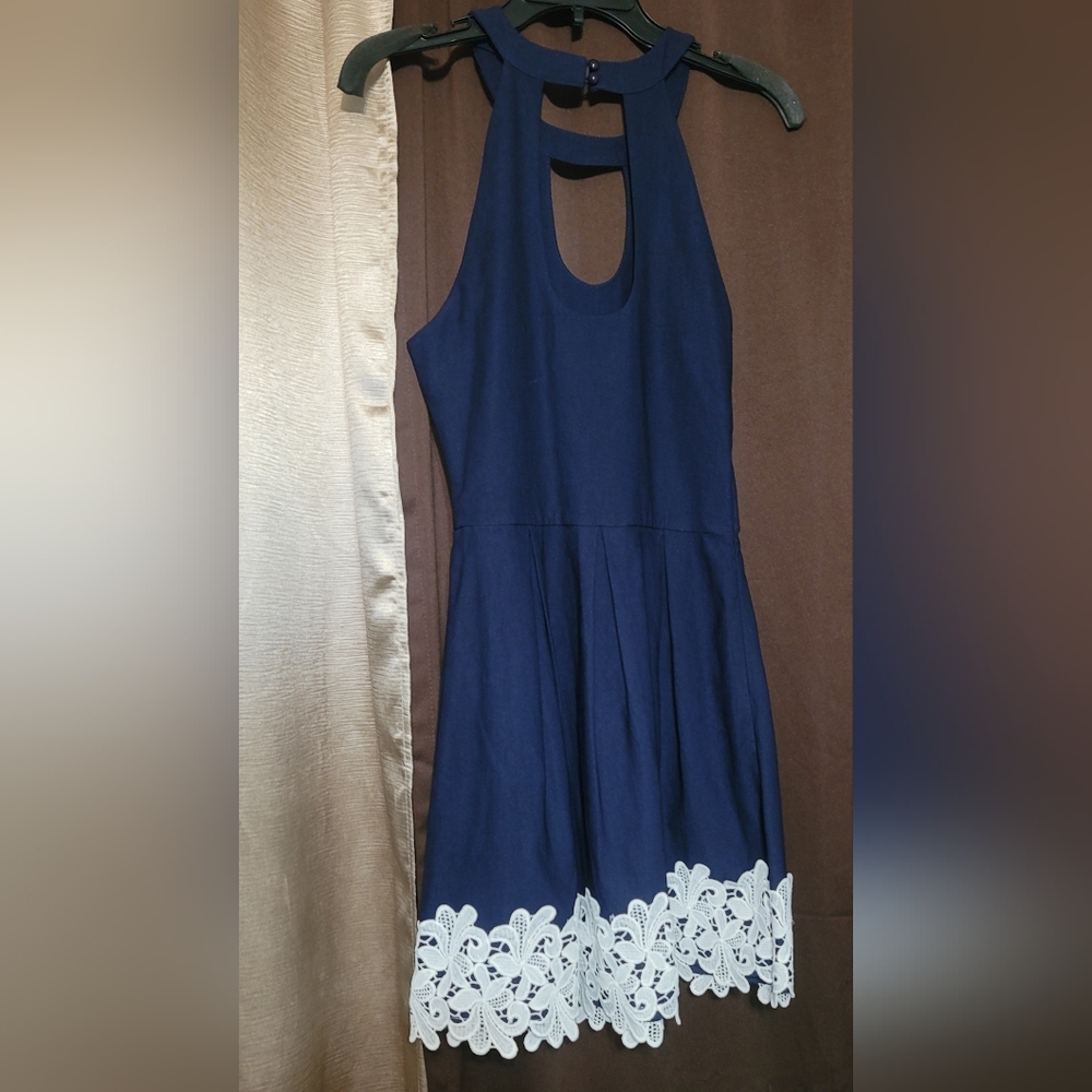 Elegant Navy Blue Mini Dress with White Lace Trim